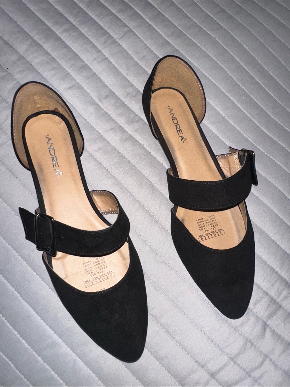 ANDREA FENZI Black Pointed-Toe Suede D'Orsay Flats with Buckle Strap